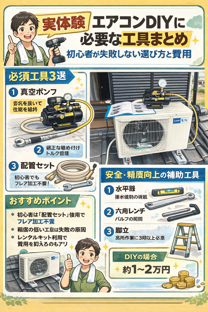 【実体験】エアコンDIYに必要な工具まとめ｜初心者が失敗しない選び方と費用