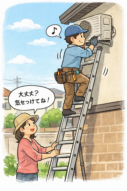 高所作業では、下で見てもらえるだけでも安心感がかなり違います。