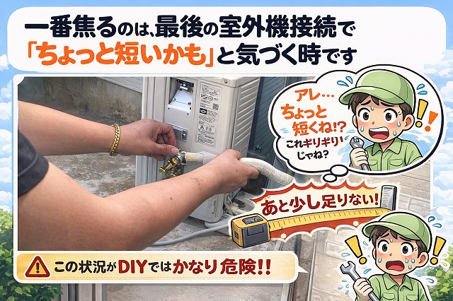一番焦るのは、最後の室外機接続で「ちょっと短いかも」と気づく時です