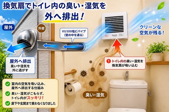 換気扇を取り付けたことで、窓だけでは間に合わなかった臭いを外へ排出できるようになりました。