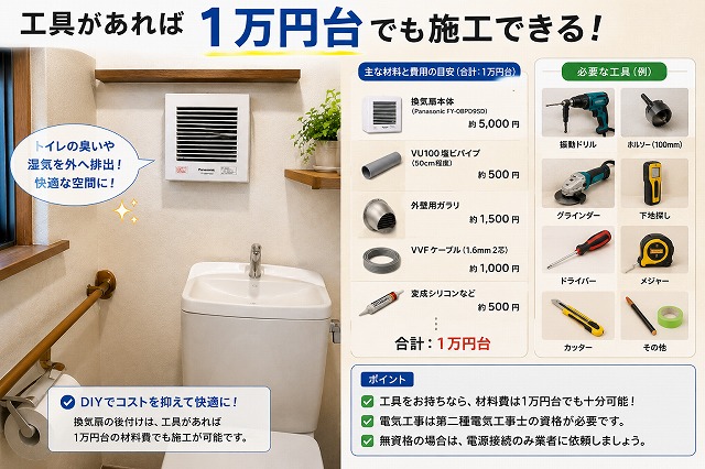 トイレ換気扇DIYで工具があれば材料代1万円台でも施工できることを示した図解